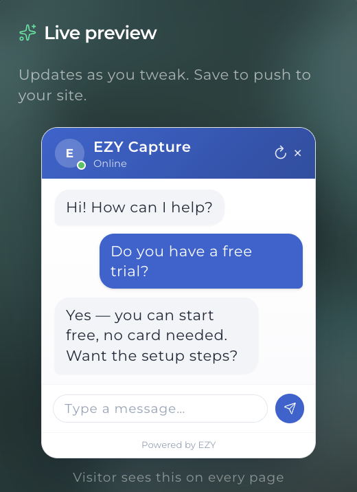 EZY Capture chatbot engaging a website visitor with business-specific answers and lead capture