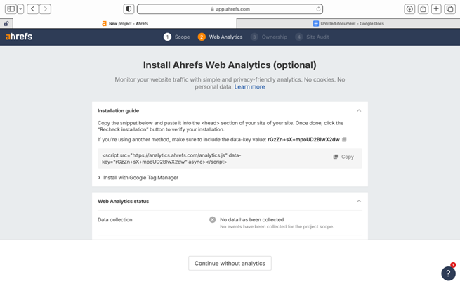 Ahrefs Dashboard - Install Web Analytics