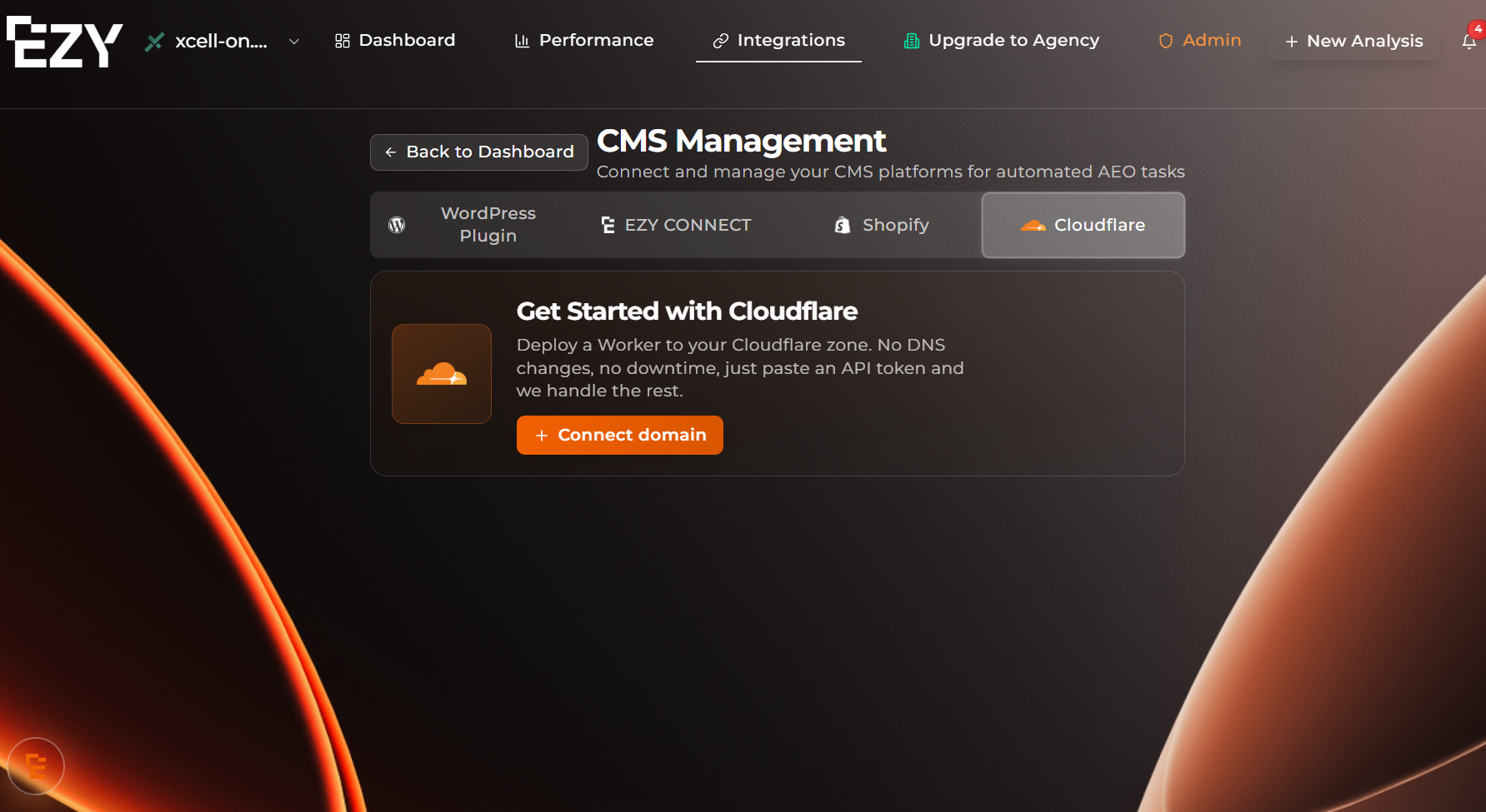 EZY.ai Integrations page showing the Cloudflare option