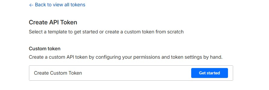 Cloudflare token template selection showing Create Custom Token