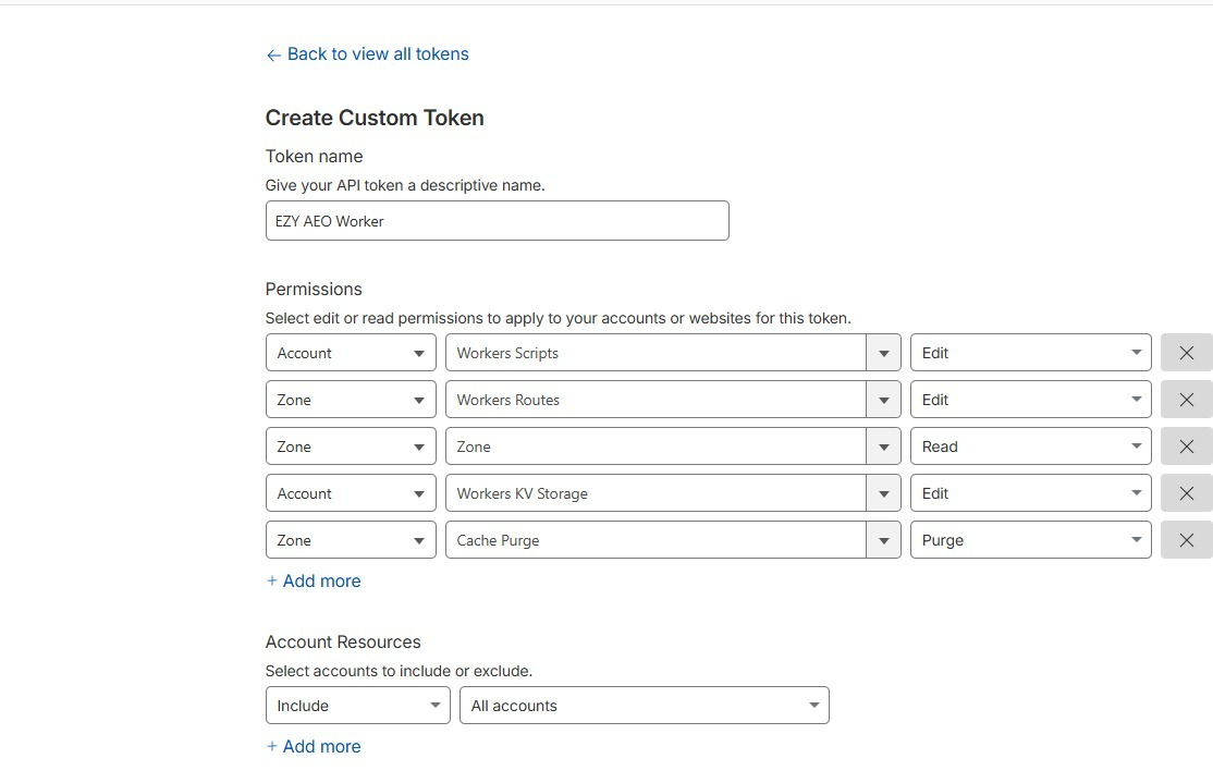 Cloudflare custom token form with required permissions filled in