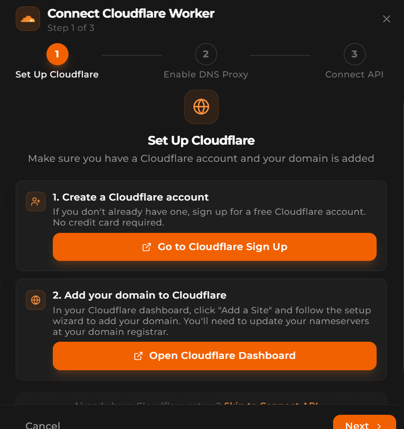 EZY.ai Connect Domain dialog with Go to Cloudflare button