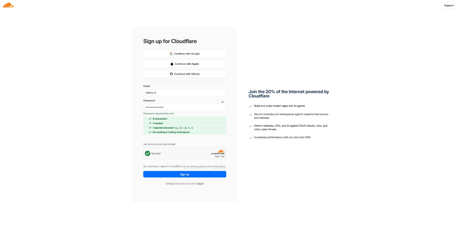 Cloudflare account creation and email verification page