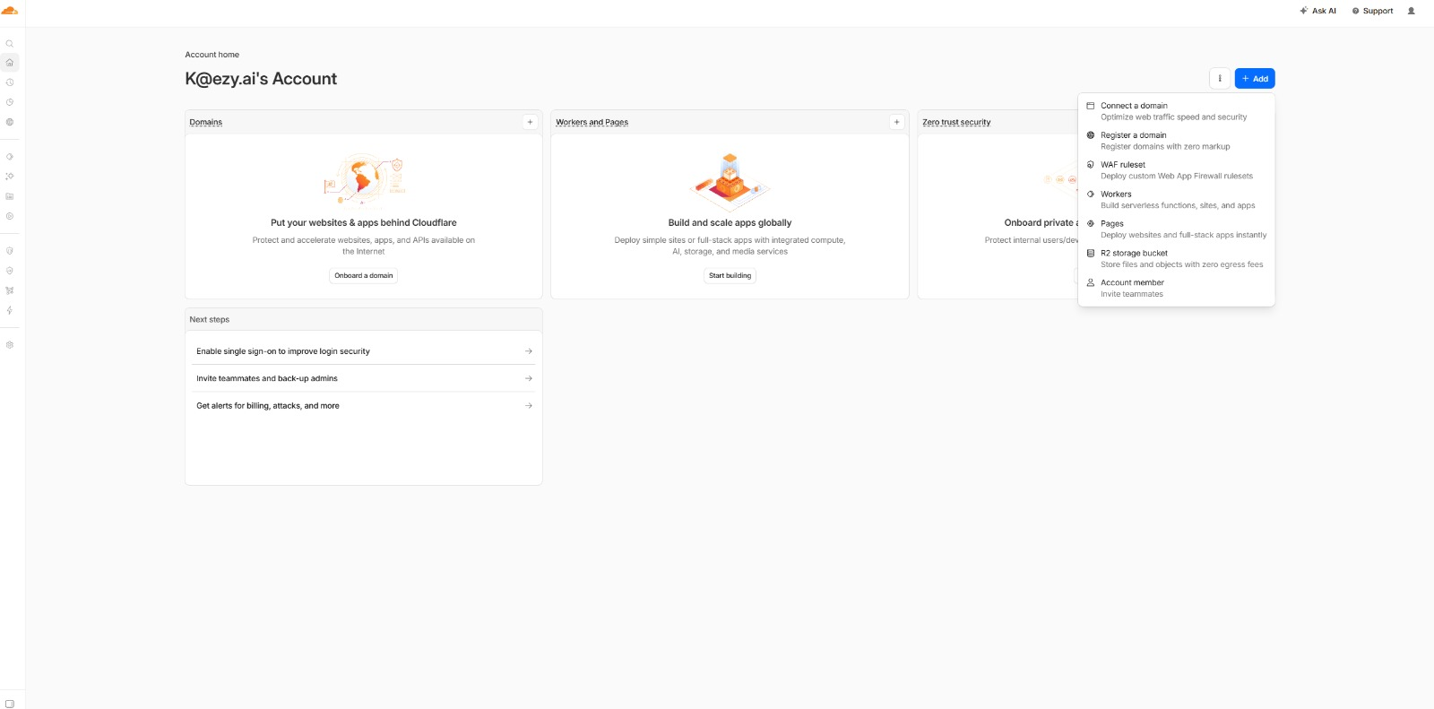Cloudflare dashboard Add a domain button
