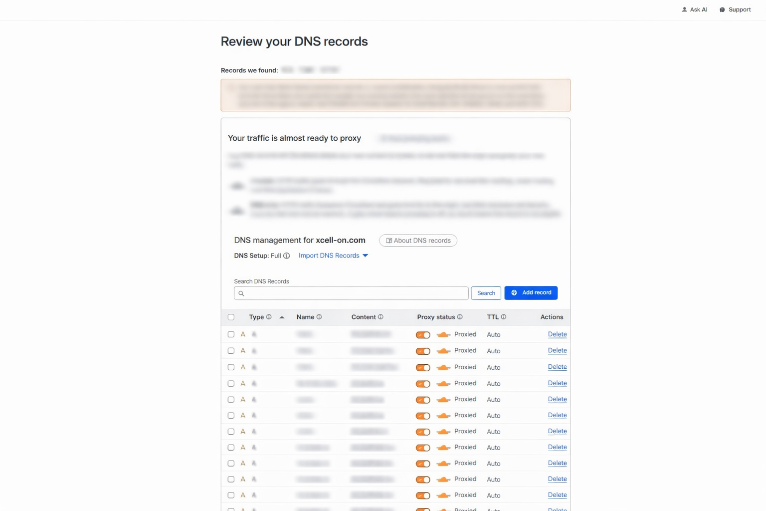 Cloudflare DNS records showing orange cloud proxy enabled