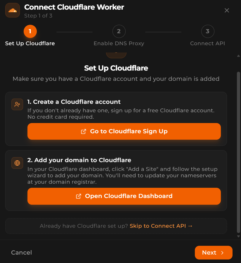 EZY.ai Connect Cloudflare wizard skip to API token step