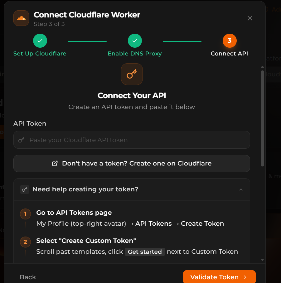EZY.ai API token input screen with create token link