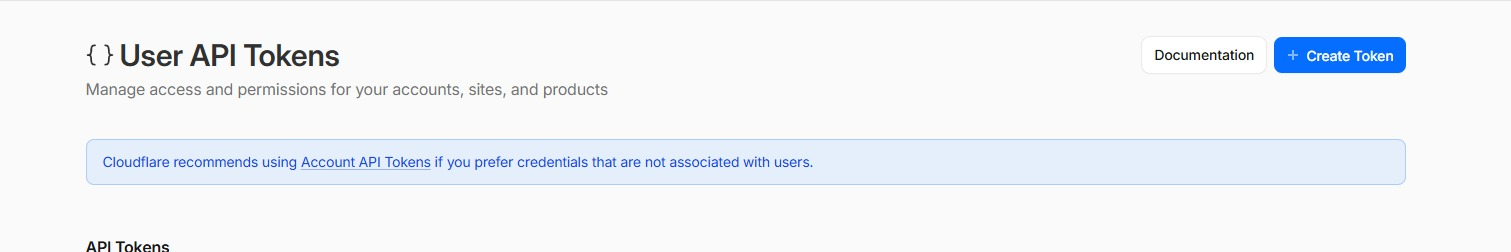 Cloudflare API Tokens page with Create Token button