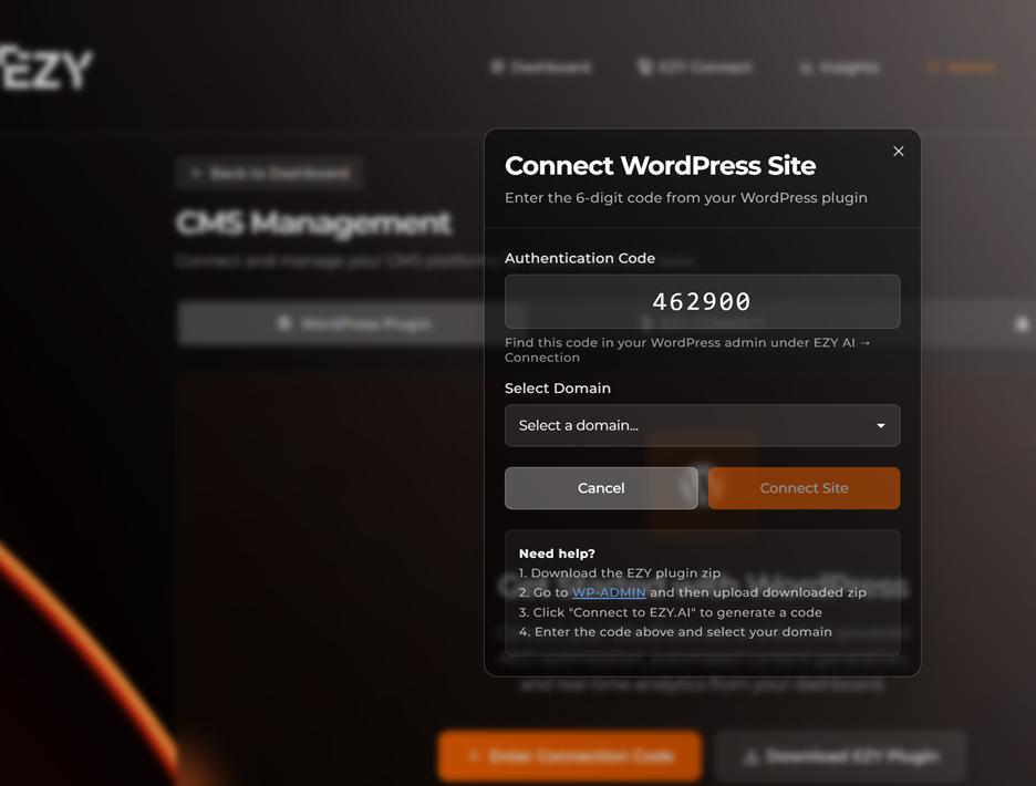 Step 11: Either copy and paste the code into EZY.ai, or simply click Open EZY.ai Dashboard