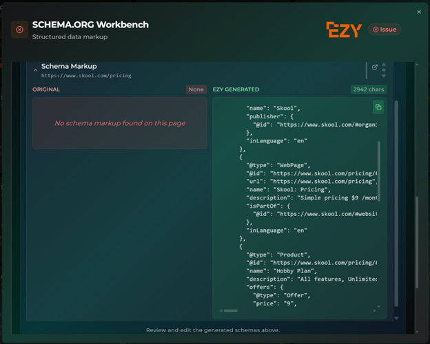 EZY.ai schema.org workbench results